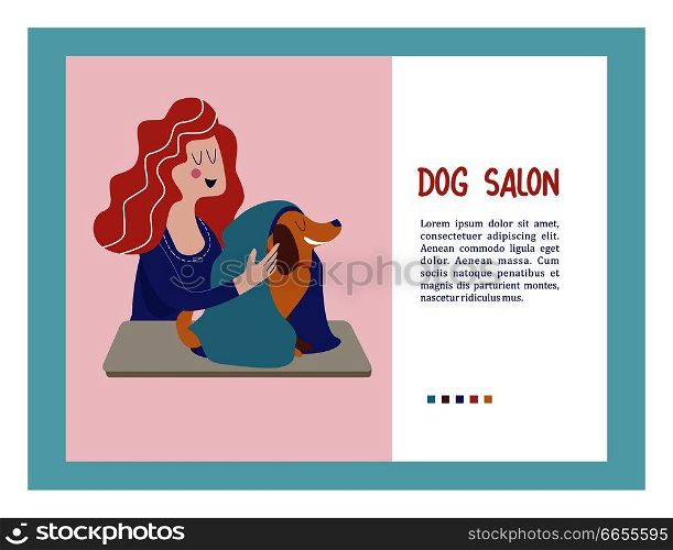 Cute dog at groomer salon.Vector illustration for pet hair salon, styling and grooming shop, pet store for dogs and cats. . Vector illustration for pet hair salon, styling and grooming shop, pet store for dogs and cats. 