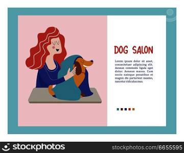 Cute dog at groomer salon.Vector illustration for pet hair salon, styling and grooming shop, pet store for dogs and cats. . Vector illustration for pet hair salon, styling and grooming shop, pet store for dogs and cats. 
