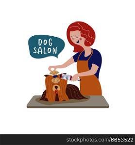 Cute dog at groomer salon.Woman combs dog. Dog grooming concept. Hand drawn vector illustration. Vector illustration for pet hair salon, styling and grooming shop, pet store for dogs and cats.. Dog salon. Dog grooming. Vector illustration.