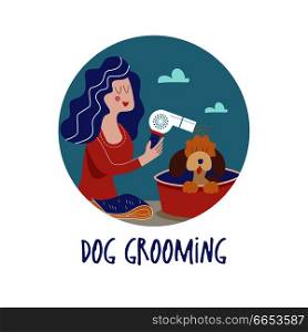 Cute dog at groomer salon.Woman drying with a hair dryer dog. Dog grooming concept. Hand drawn vector illustration. Vector illustration for pet hair salon, styling and grooming shop, pet store for dogs and cats. . Dog salon. Dog grooming. Vector illustration.