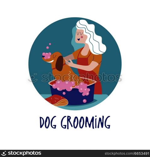 Cute dog at groomer salon.Woman washes dog. Dog grooming concept. Hand drawn vector illustration. Vector illustration for pet hair salon, styling and grooming shop, pet store for dogs and cats. Dog salon. Dog grooming. Vector illustration.