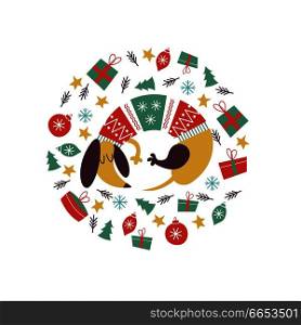 Cute dog breed Dachshund in a bright knitted sweater. Christmas composition. Dogs and Christmas toys, gifts, stars. The composition is made in the form of a circle. It will look good on t-shirts, mugs, postcards.. Cute cartoon animals in warm knitted sweaters. New year illustration.