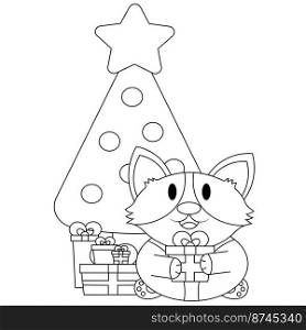 Cute dog Corgi and Christmas tree and gift box in black and white