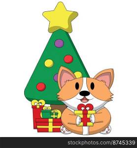 Cute dog Corgi and Christmas tree and gift box in color