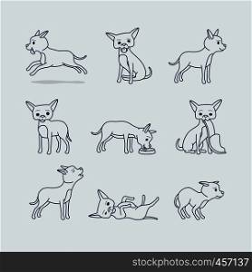 Cute dog doodle line icons. Little dog in different poses vector illustration. Cute dog doodle icons