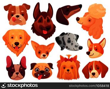 Cute dog face. Puppy pets, dogs animals breed and puppies heads. Funny retriever corgi poodle terrier and dalmatian. Domestic dog pedigree cartoon vector illustration isolated icons set. Cute dog face. Puppy pets, dogs animals breed and puppies heads vector illustration set
