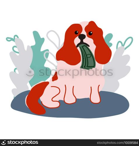 Cute dog holding cash for pet insurance concept. Pet insurance is worth the money idea. Pet care banner, background, poster, concept. Vector illustration. Pet insurance is worth the money idea.