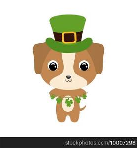 Cute dog in green leprechaun hat. Cartoon sweet animal with clovers. Vector St. Patrick’s Day illustration on white background. Irish holiday folklore theme.