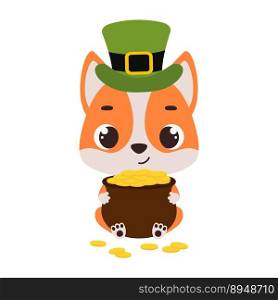 Cute dog in green leprechaun hat holds bowler with gold coins. Irish holiday folklore theme. Cartoon design for cards, decor, shirt, invitation. Vector stock illustration.