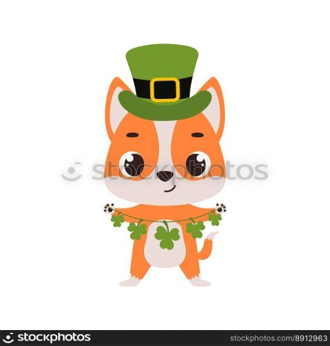 Cute dog in green leprechaun hat with clover. Irish holiday folklore theme. Cartoon design for cards, decor, shirt, invitation. Vector stock illustration.