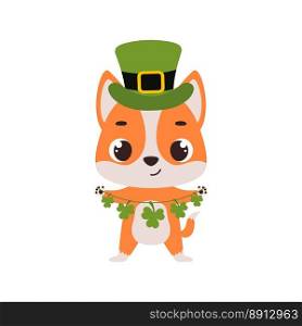 Cute dog in green leprechaun hat with clover. Irish holiday folklore theme. Cartoon design for cards, decor, shirt, invitation. Vector stock illustration.
