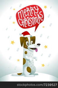 Cute dog in Santa Claus red hat with speech bubble saying Merry Christmas. Stylish jack russell terrier dog on the background of a snowflakes. Simbol of the 2018 year. Vector illustration.. Cute dog in Santa Claus red hat with speech bubble saying Merry Christmas. Stylish jack russell terrier dog on the background of a snowflakes. Simbol of the 2018 year.