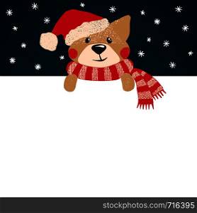 Cute Dog in Santa's hat Holding a white banner, blank board or Card. New year or Christmas concept. Vector illustration.. Cute Dog in Santa's hat Holding a white banner.