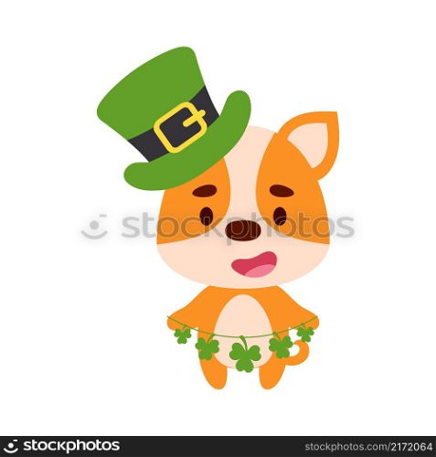 Cute dog in St. Patrick&rsquo;s Day leprechaun hat holds shamrocks. Irish holiday folklore theme. Cartoon design for cards, decor, shirt, invitation. Vector stock illustration.