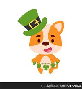 Cute dog in St. Patrick&rsquo;s Day leprechaun hat holds shamrocks. Irish holiday folklore theme. Cartoon design for cards, decor, shirt, invitation. Vector stock illustration.