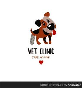 Cute dog Jack Russell Terrier with a broken paw. Veterinary care. Logo, vector illustration for veterinary clinic.. Veterinary care. Logo, vector illustration for veterinary clinic