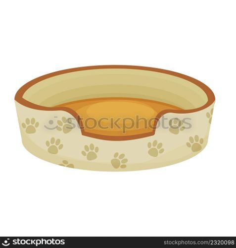 Cute dog or cat bed decorated with paw pattern in cartoon style isolated on white background. Pet accessory, comfortable crib, basket for rest. Vector illustration