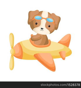 Cute dog pilot wearing aviator goggles flying an airplane. Graphic element for childrens book, album, scrapbook, postcard, mobile game. Flat vector stock illustration isolated on white background.