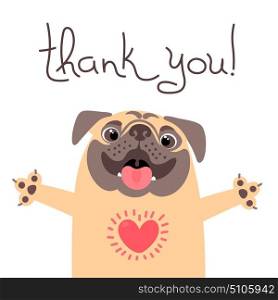 Cute dog says thank you. Pug with heart full of gratitude.. Cute dog says thank you. Pug with heart full of gratitude. Vector illustration.