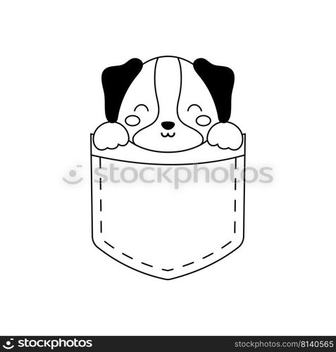 Cute dog sitting in pocket. Animal face in Scandinavian style for kids t-shirts, wear, nursery decoration, greeting cards, invitations, poster, house interior. Vector stock illustration