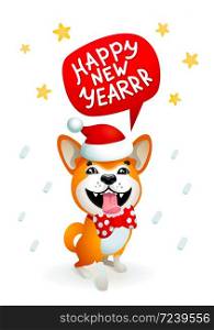 Cute dog with Happy new year inscription. Smiling yellow dog with santa claus red hat on a blue Christmas background. Akita inu. Winter Season Greetings concept. Symbol of the year 2018. Vector illustration.. Cute dog with Happy new year inscription. Smiling yellow dog with santa claus red hat on a blue Christmas background. Akita inu. Winter Season Greetings concept. Symbol of the year 2018.