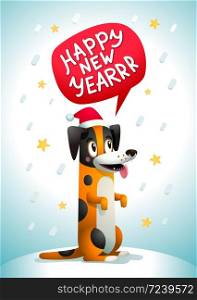 Cute dog with Happy new year inscription. Stylish yellow dog with santa claus red hat on a blue Christmas background. Winter Season Greetings concept. Symbol of the year 2018. Vector illustration.. Cute dog with Happy new year inscription. Stylish yellow dog with santa claus red hat on a blue Christmas background. Winter Season Greetings concept. Symbol of the year 2018