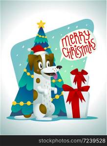 Cute dog with holiday gifts and speech bubble saying Merry Christmas. Stylish jack russell terrier dog on the background of a Christmas tree. Winter Season Greetings concept. Vector illustration.. Cute dog with holiday gifts and speech bubble saying Merry Christmas. Stylish jack russell terrier dog on the background of a Christmas tree. Winter Season Greetings concept.