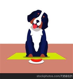 Cute dog with long ears and white collar vector illustration of adorable home pet, best animal friend, canine showing tongue near bowl with food. Cute dog with long ears and white collar vector