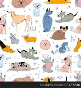 Cute dogs and puppies seamless pattern. Happy pet animals vector doodle background with hand drawn labrador, bulldog, pug and poodle, beagle, terrier, dachshund and corgi dog breeds in different poses. Cute doodle dogs and puppies seamless pattern