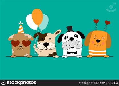 Cute dogs celebrate birthday party. Happy birthday invitation card. Vector illustration for banner, poster, postcard.
