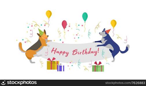 Cute dogs holding blank banner with Happy Birthday invitation. Happy cute puppy. Cartoon style vector illustration. Cute dogs holding blank banner with Happy Birthday invitation. Happy cute puppy. Cartoon style vector