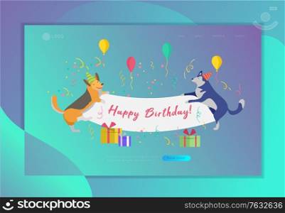 Cute dogs holding blank banner with Happy Birthday invitation. Happy cute puppy. Cartoon style vector illustration. Cute dogs holding blank banner with Happy Birthday invitation. Happy cute puppy. Cartoon style vector
