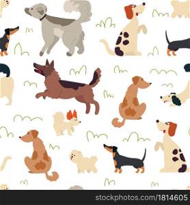 Cute dogs pattern. Animal seamless background, doodle trendy pets. Drawing cartoon puppy, nursery decorative wrapping decent vector print. Illustration pet and puppy, background seamless. Cute dogs pattern. Animal seamless background, doodle trendy pets. Drawing cartoon puppy, nursery decorative wrapping decent vector print