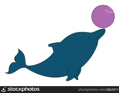 Cute dolphin with ball, illustration, vector on white background.