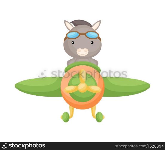 Cute donkey pilot wearing aviator goggles flying an airplane. Graphic element for childrens book, album, scrapbook, postcard, mobile game. Flat vector stock illustration isolated on white background.