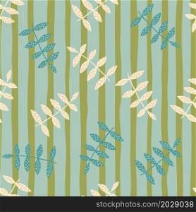 Cute doodle branch seamless pattern on stripe background. Creative floral ornament. Abstract botanical backdrop. Design for fabric , textile print, surface, wrapping, cover. Vector illustration.. Cute doodle branch seamless pattern on stripe background. Creative floral ornament. Abstract botanical backdrop.