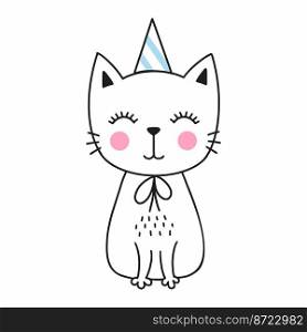 Cute doodle cat. Kitten in party hat. Sticker.
