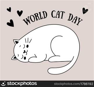 Cute doodle cats. Postcard to the international day of cats. Cheerful cat in a box. Vector illustration with pets.