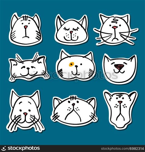 Cute doodle cats stickers collection. Set of white cats. Vector illustration. Cute doodle cats stickers collection
