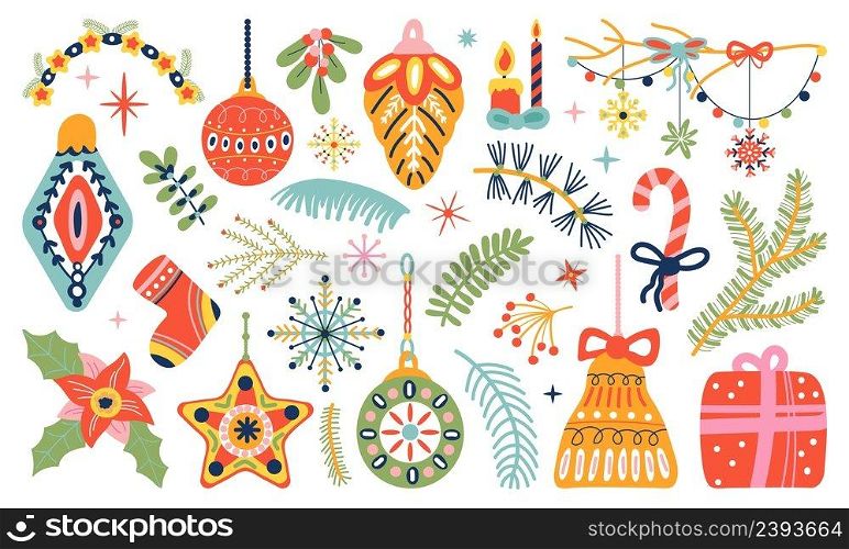 Cute doodle christmas decorations. Cute xmas stickers, handcraft toys and new year elements. Retro gift, decorative winter decent vector collection. Illustration of xmas ornament, holiday doodle toys. Cute doodle christmas decorations. Cute xmas stickers, handcraft toys and new year elements. Retro gift, decorative winter decent vector collection