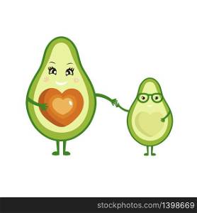 Cute doodle colorful mommy avocado character with little child holding hands. Vector illustration isolated on white background.. Cute doodle colorful mommy avocado character with little child