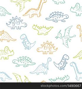 Cute doodle Dinosaurs. Dino colorful seamless pattern. Hand drawn vector illustration on white background. Cute doodle Dinosaurs. Dino colorful seamless pattern. Hand drawn vector illustration