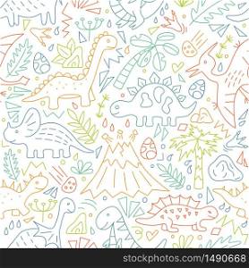 Cute doodle Dinosaurs. Dino colorful seamless pattern. Hand drawn vector illustration on white background. Cute doodle Dinosaurs. Dino colorful seamless pattern. Hand drawn vector illustration