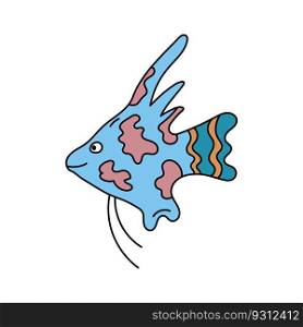 Cute doodle exotic fish. Funny colorful angelfish isolated. Vector illustration of cartoon outline sea scalaria. Wild marine life in hand drawn style.. Cute doodle exotic fish. Funny colorful angelfish isolated. Vector illustration of cartoon outline sea scalaria. Wild marine life in hand drawn style