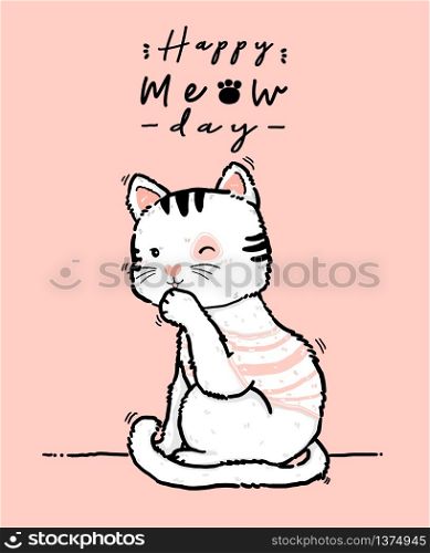 cute doodle happy birthday card playful fluffy kitty white and pink cat lick paw, cleaning paw, outline hand draw flat vector illustration