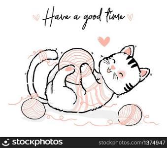 cute doodle happy playful fluffy kitty white and pink cat having good time with cotton wool ball, outline hand draw flat vector illustration