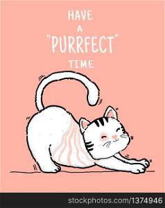 cute doodle happy playful lazy fluffy kitty white and pink cat have purrfect time, outline hand draw flat vector illustration