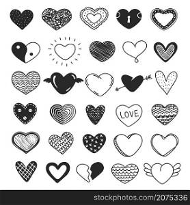 Cute doodle hearts, hand drawn heart sketches. Cupid arrow heart scribble, love symbol doodles, sketch valentine elements vector set. Romantic objects with wings, buttons and ornaments. Cute doodle hearts, hand drawn heart sketches. Cupid arrow heart scribble, love symbol doodles, sketch valentine elements vector set