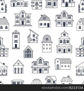 Cute doodle homes seamless pattern. Tiny houses, line architecture elements. Village or country style, outline buildings. Neoteric scandinavian vector print of background pattern. Cute doodle homes seamless pattern. Tiny houses, line architecture elements. Village or country style, outline buildings. Neoteric scandinavian vector print