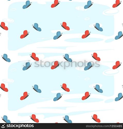 Cute Doodle Seamless Pattern with Flying Butterflies on Sky Background. Red and Blue Beautiful Creatures Ornament for Textile or Wrapping Paper Design, Summer Holidays Cartoon Flat Vector Illustration. Cute Doodle Seamless Pattern Flying Butterflies